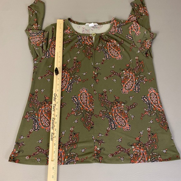 Liz Claiborne Paisley Print Blouse Top Olive Green Large Keyhole‎ 3/4 Sleeve - Picture 7 of 10